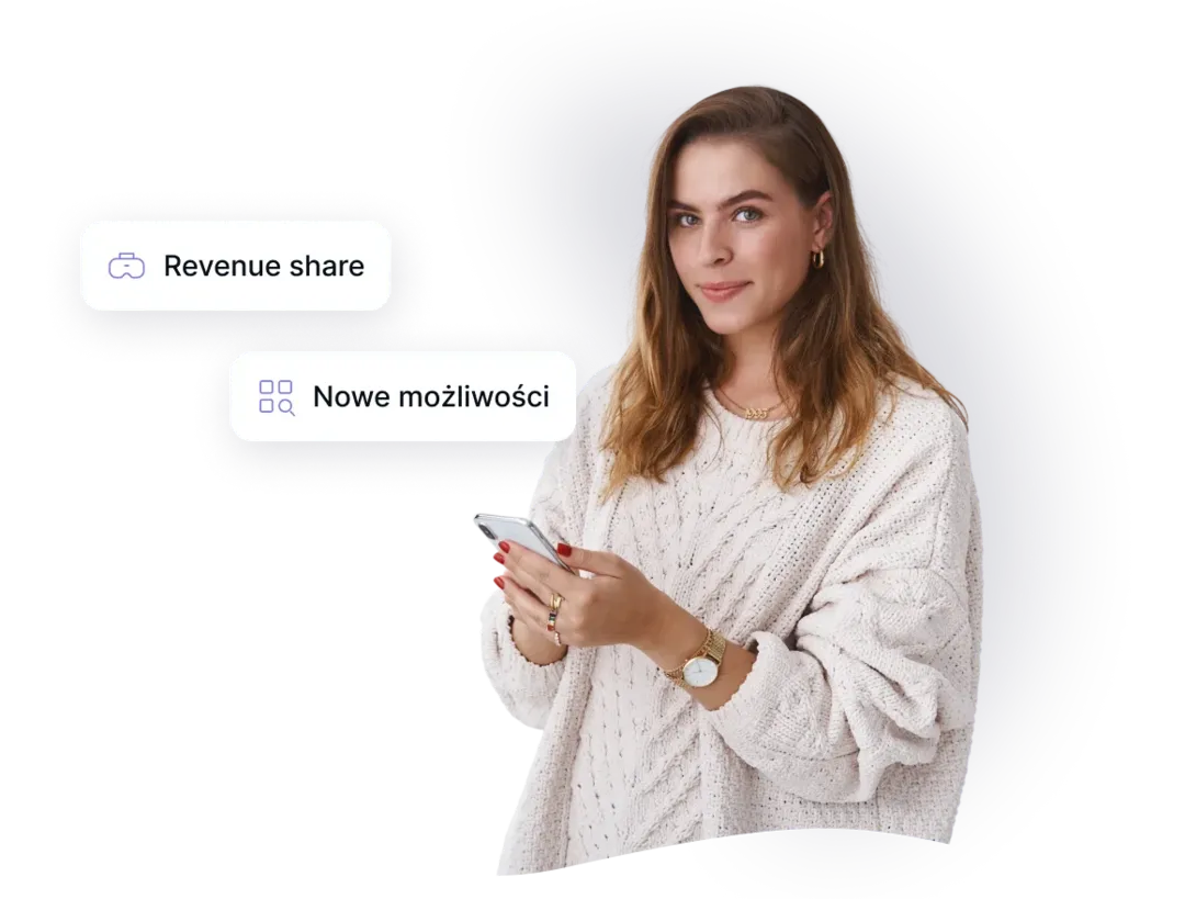 Partnerka Plenti korzysta z telefonu, obok plakietki „Revenue share” i „Nowe możliwości”
